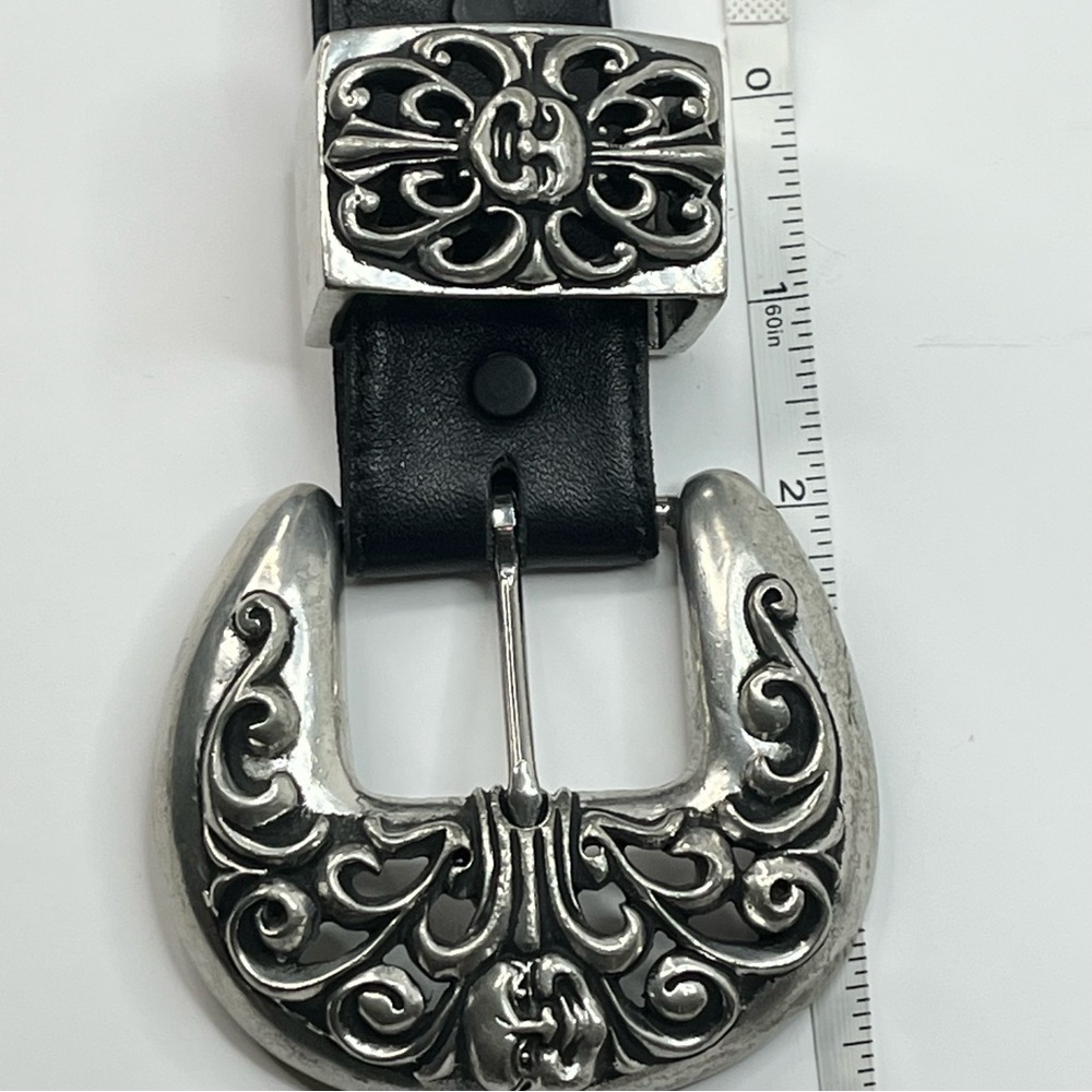 Vintage Vicenza Black Calfskin Leather Belt Silver Chrome Buckle Hardware 28"